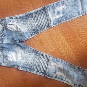 Blue Skinny Jeans with Ribbed Panels and Distressed Details
